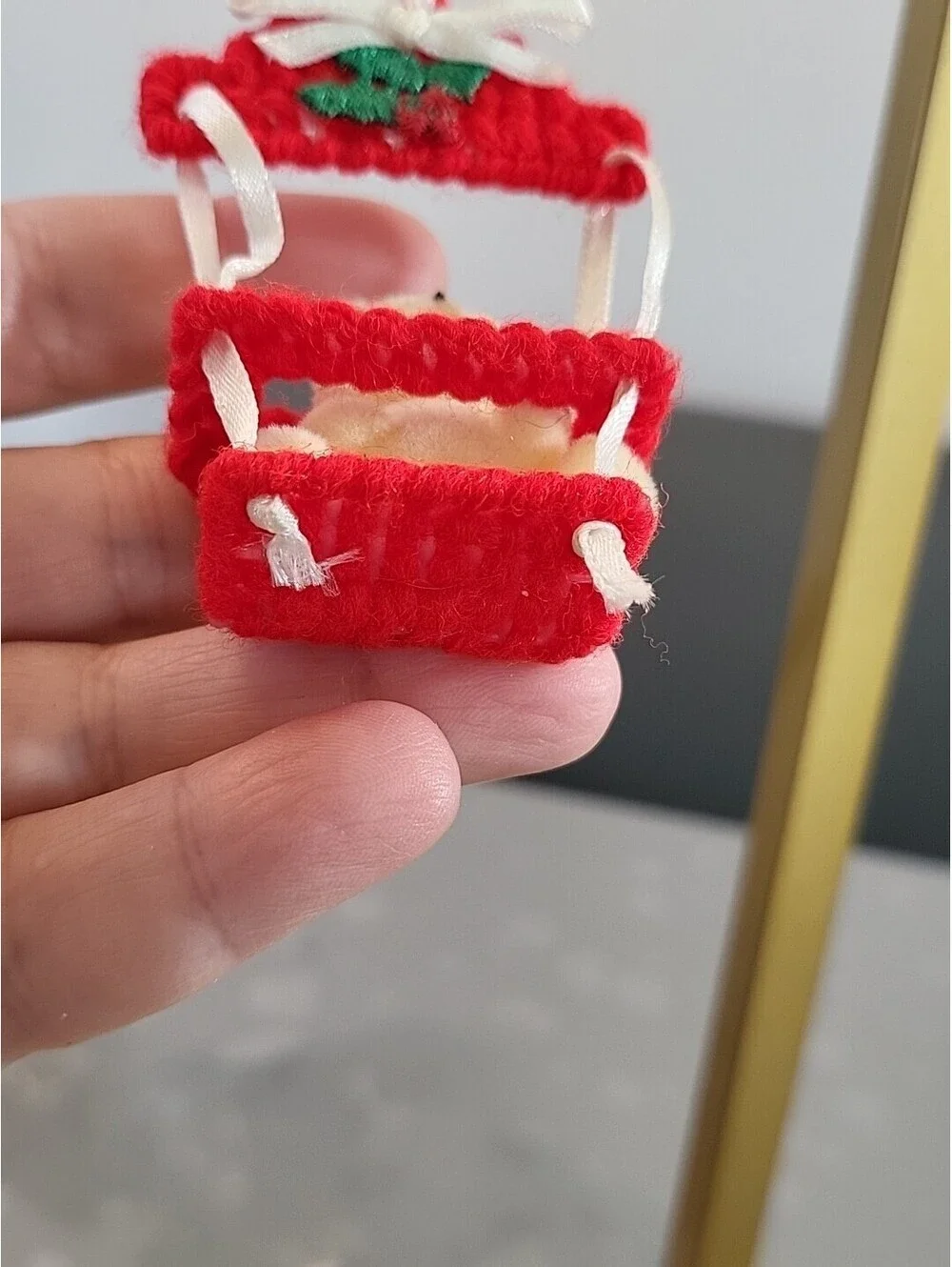 Vtg Mini Flocked Teddy Bear with Ornate Red Baby Swing Box Handmade 3